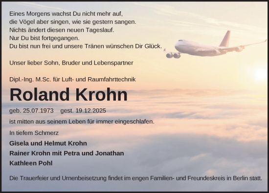 Traueranzeige von Roland Krohn von Zeitung für die Landeshauptstadt