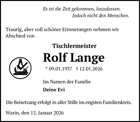 Traueranzeige von Rolf Lange von Anzeiger für Sternberg - Brüel - Warin