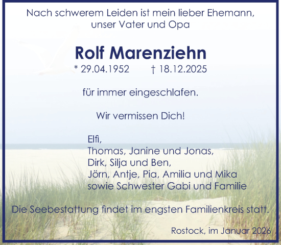 Traueranzeige von Rolf Marenziehn von Norddeutsche Neueste Nachrichten