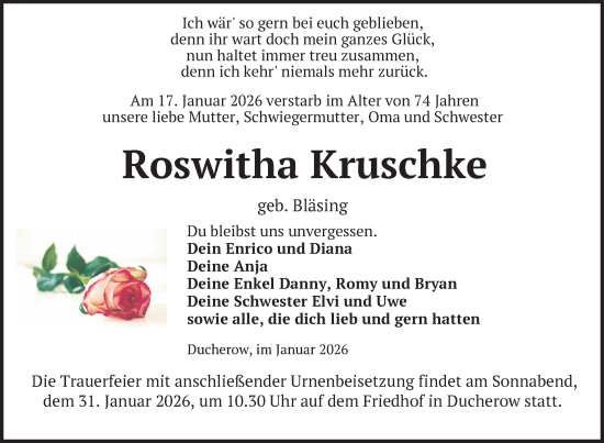 Traueranzeige von Roswitha Kruschke von Nordkurier Vorpommern Kurier