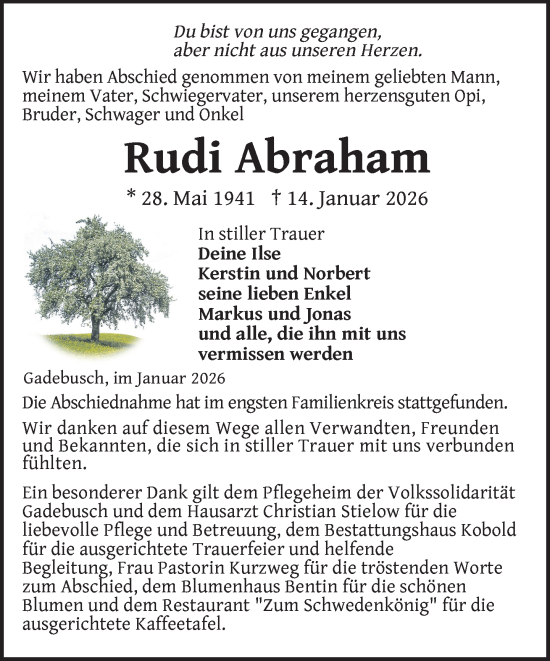 Traueranzeige von Rudi Abraham von Gadebusch - Rehnaer Zeitung