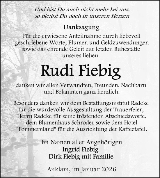 Traueranzeige von Rudi Fiebig von Nordkurier Vorpommern Kurier