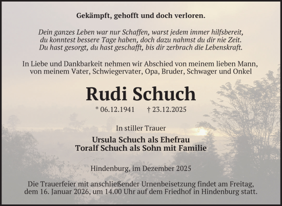 Traueranzeige von Rudi Schuch von Uckermark Kurier Templiner Zeitung