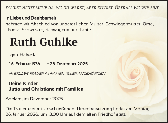 Traueranzeige von Ruth Guhlke von Nordkurier Vorpommern Kurier