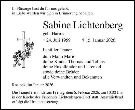 Traueranzeige von Sabine Lichtenberg von Norddeutsche Neueste Nachrichten