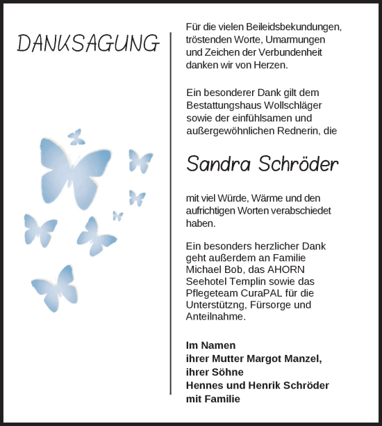 Traueranzeige von Sandra Schröder von Uckermark Kurier Templiner Zeitung