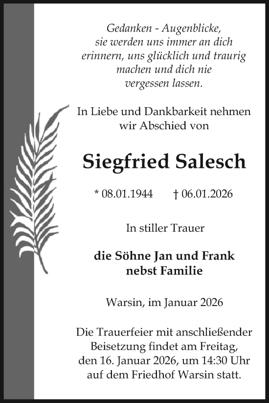 Traueranzeige von Siegfried Salesch von Nordkurier Haff-Zeitung