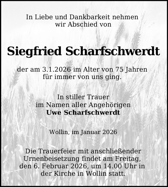 Traueranzeige von Siegfried Scharfschwerdt von Nordkurier Grosso