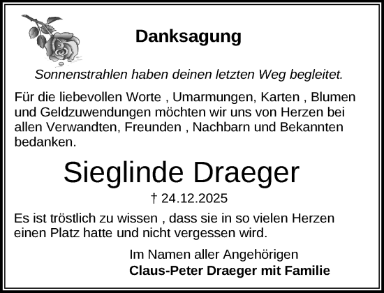Traueranzeige von Sieglinde Draeger von Gadebusch - Rehnaer Zeitung