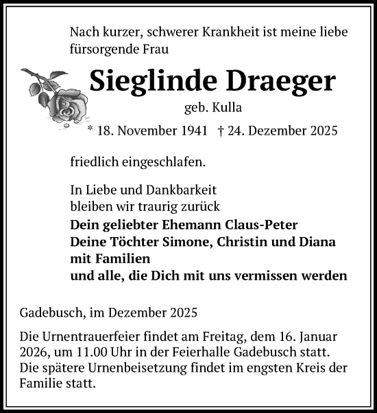 Traueranzeige von Sieglinde Draeger von Gadebusch - Rehnaer Zeitung