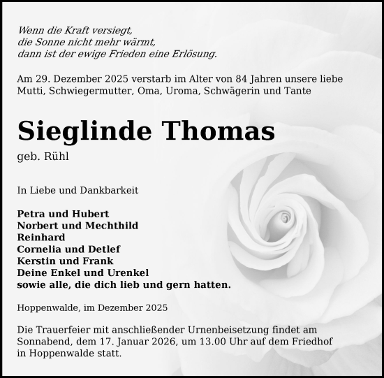 Traueranzeige von Sieglinde Thomas von Nordkurier Grosso