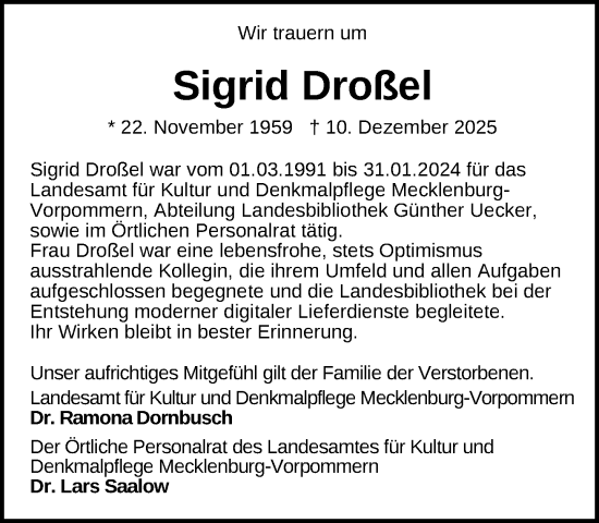 Traueranzeige von Sigrid Droßel von Zeitung für die Landeshauptstadt