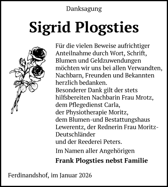 Traueranzeige von Sigrid Plogsties von Nordkurier Grosso