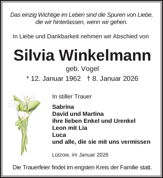 Traueranzeige von Silvia Winkelmann von Gadebusch - Rehnaer Zeitung
