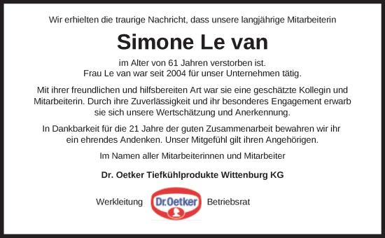 Traueranzeige von Simone Le van von Zeitung für die Landeshauptstadt