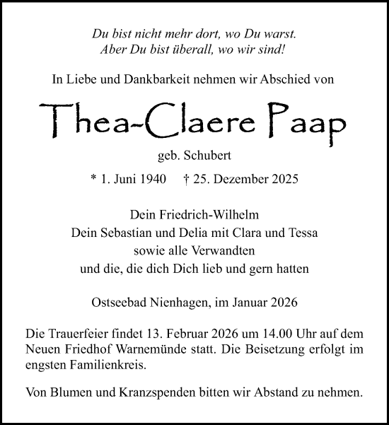 Traueranzeige von Thea-Claere Paap von Norddeutsche Neueste Nachrichten