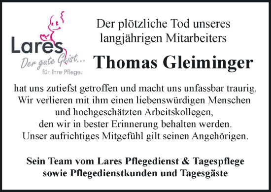 Traueranzeige von Thomas Gleiminger von Hagenower Kreisblatt