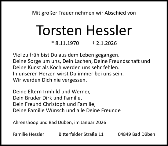 Traueranzeige von Torsten Hessler von Norddeutsche Neueste Nachrichten