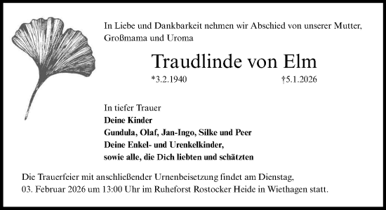 Traueranzeige von Traudlinde von Elm von Norddeutsche Neueste Nachrichten