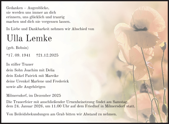 Traueranzeige von Ulla Lemke von Uckermark Kurier Templiner Zeitung
