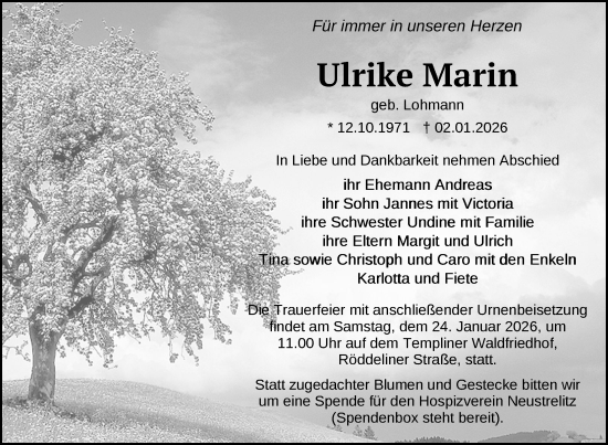 Traueranzeige von Ulrike Marin von Nordkurier Strelitzer Zeitung