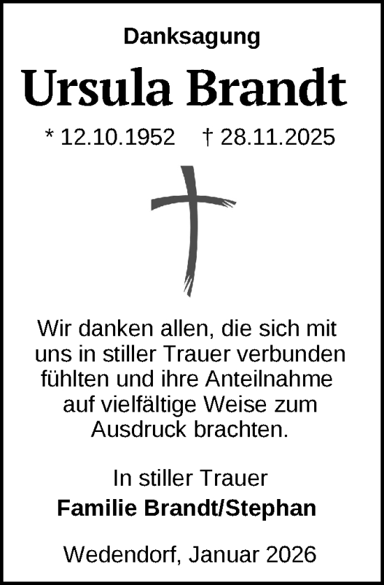 Traueranzeige von Ursula Brandt von Gadebusch - Rehnaer Zeitung