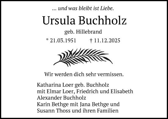 Traueranzeige von Ursula Buchholz von Zeitung für die Landeshauptstadt
