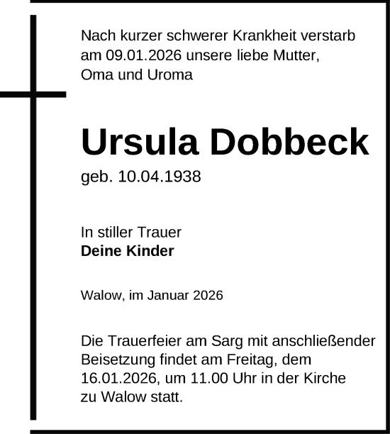 Traueranzeige von Ursula Dobbeck von Nordkurier Müritz-Zeitung