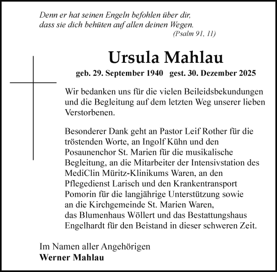 Traueranzeige von Ursula Mahlau von Nordkurier Müritz-Zeitung