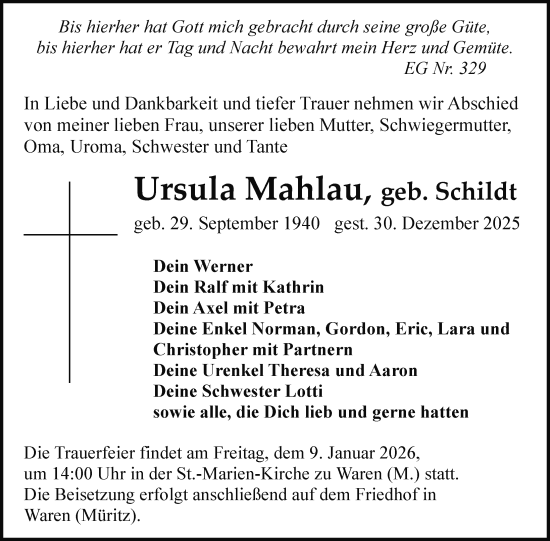 Traueranzeige von Ursula Mahlau von Nordkurier Müritz-Zeitung