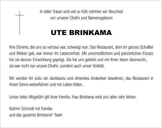 Traueranzeige von Ute Brinkama von Zeitung für die Landeshauptstadt