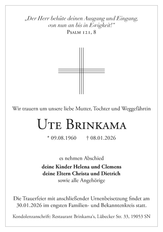 Traueranzeige von Ute Brinkama von Zeitung für die Landeshauptstadt