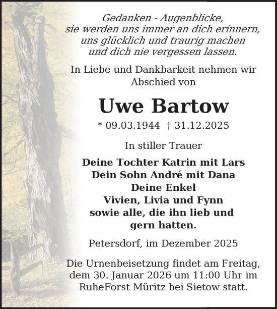 Traueranzeige von Uwe Bartow von Nordkurier Müritz-Zeitung