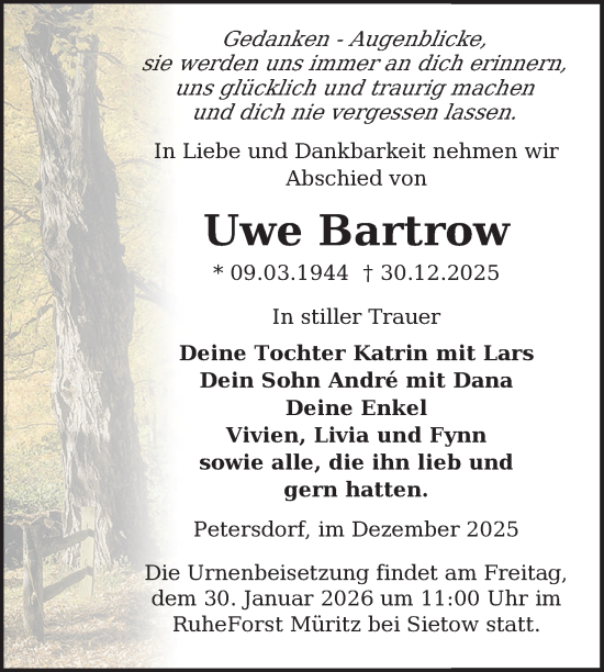 Traueranzeige von Uwe Bartrow von Nordkurier Müritz-Zeitung