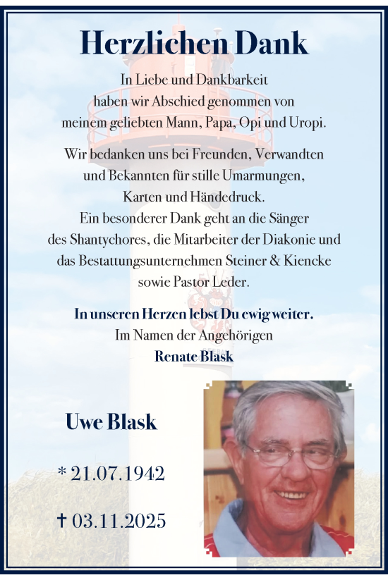 Traueranzeige von Uwe Blask von Nordkurier Haff-Zeitung, Nordkurier Grosso