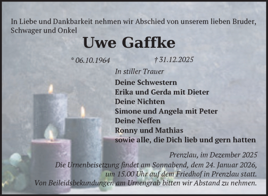 Traueranzeige von Uwe Gaffke von Uckermark Kurier Prenzlauer Zeitung