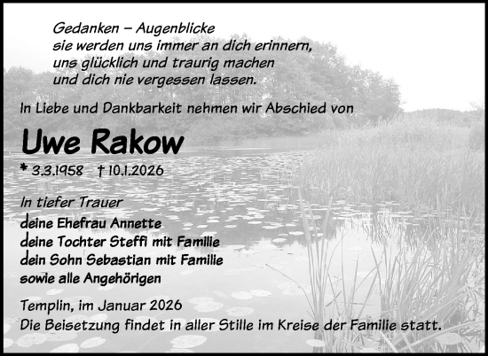 Traueranzeige von Uwe Rakow von Uckermark Kurier Templiner Zeitung