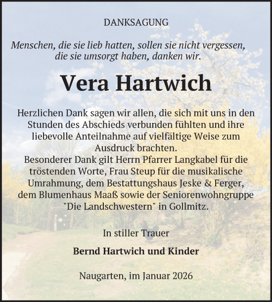 Traueranzeige von Vera Hartwich von Uckermark Kurier Prenzlauer Zeitung