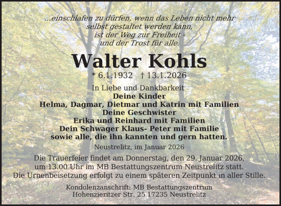 Traueranzeige von Walter Kohls von Nordkurier Grosso