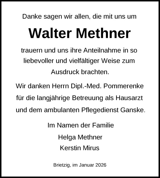 Traueranzeige von Walter Methner von Nordkurier Pasewalker Zeitung