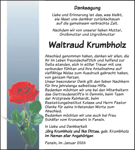 Traueranzeige von Waltraud Krumbholz von Nordkurier Grosso