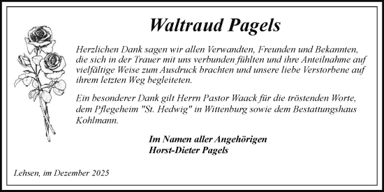 Traueranzeige von Waltraud Pagels von Hagenower Kreisblatt