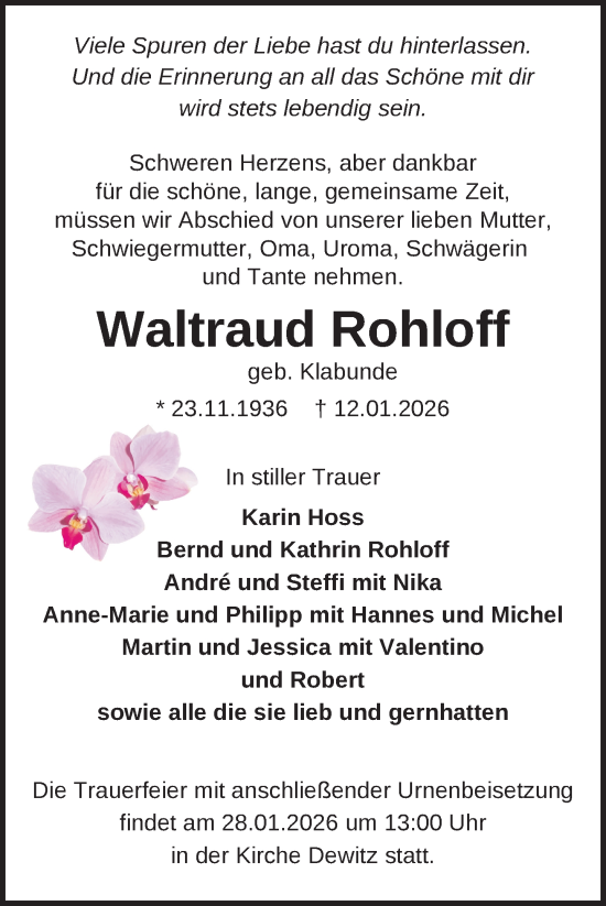 Traueranzeige von Waltraud Rohloff von Nordkurier Neubrandenburger Zeitung
