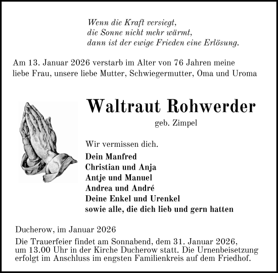 Traueranzeige von Waltraut Rohwerder von Nordkurier Vorpommern Kurier