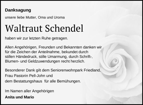 Traueranzeige von Waltraut Schendel von Nordkurier Neubrandenburger Zeitung