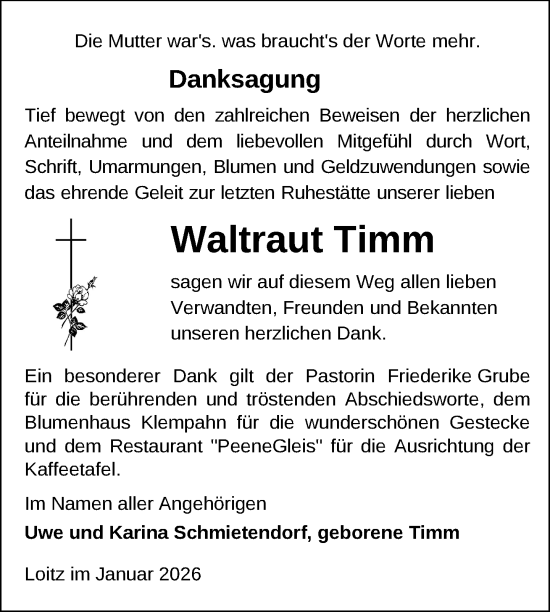 Traueranzeige von Waltraut Timm von Nordkurier Vorpommern Kurier, Nordkurier Grosso