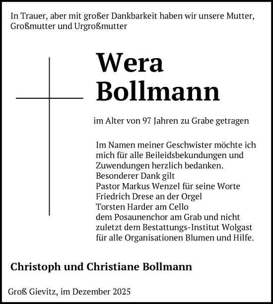 Traueranzeige von Wera Bollmann von Nordkurier Müritz-Zeitung