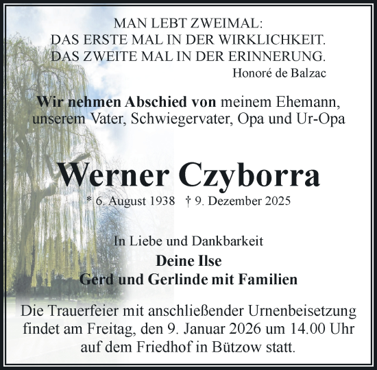 Traueranzeige von Werner Czyborra von Güstrow und Bützow