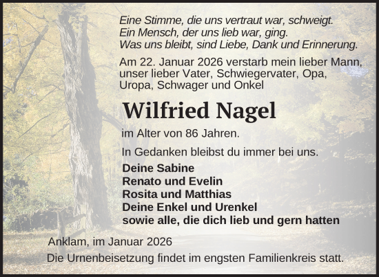 Traueranzeige von Wilfried Nagel von Nordkurier Vorpommern Kurier, Nordkurier Grosso