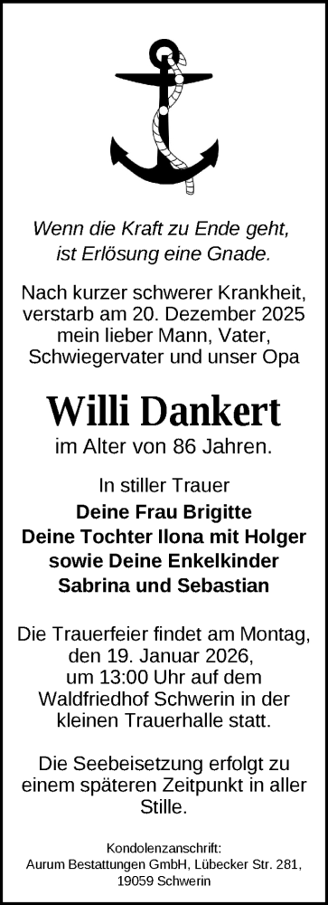 Traueranzeige von Willi Dankert von Zeitung für die Landeshauptstadt